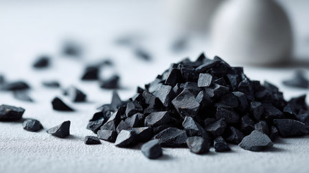 Small black stone chips arranged randomly on soft gray background, stylized for product mockupsの素材