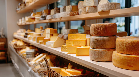Shelves lined with cheese wheels and blocks in a boutique shop, displaying a rich assortment of cheese types from cheddar to goat cheeseの素材