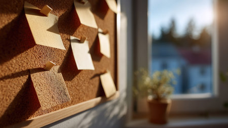 Side-angle view of a cork board with pinned blank notes catching warm natural light from a windowの素材