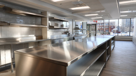 Sleek stainless steel island counter under fluorescent lighting, empty prep space in a commercial settingの素材