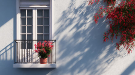 Simple urban apartment with a surprise burst of balcony flowers outside a plain window, contrast and charmの素材