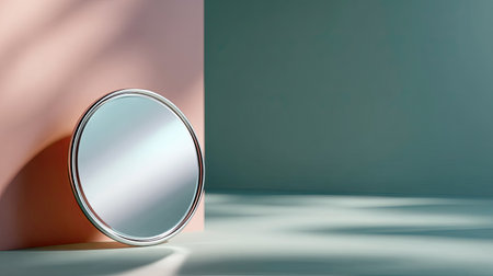 Simple, elegant circular makeup mirror isolated on a muted pastel background, emphasizing its modern designの素材