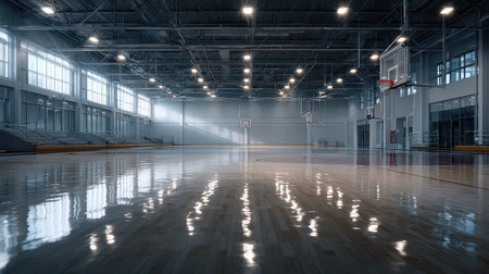 Sleek modern indoor court with scoreboard, hoops, and bright overhead lights, completely emptyの素材