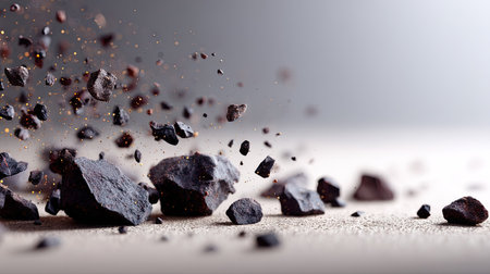 Small dark rocks and particles distributed randomly on a soft neutral surfaceの素材