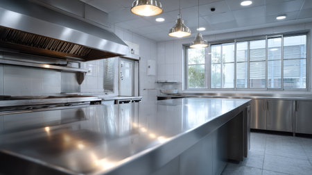Shiny stainless steel island table in a spotless commercial kitchen, reflecting overhead lights and ready for food prepの素材