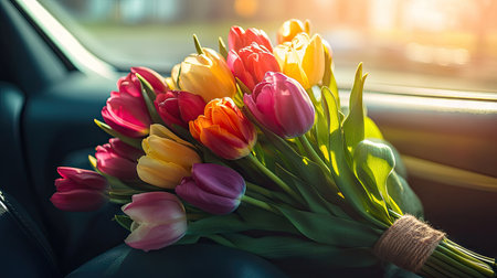 A stunning bouquet of colorful tulips rests in a car, catching soft sunlight that enhances their vibrant hues, showcasing nature's beauty and spring's charm.の素材