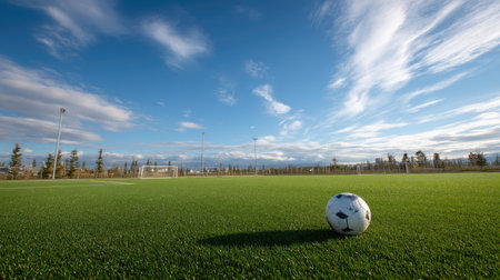 Soccer ball on an empty field, the goalposts standing tall in the distance against a bright blue skyの素材