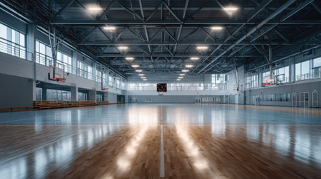 Sleek modern indoor court with scoreboard, hoops, and bright overhead lights, completely emptyの素材