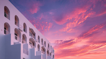 Side profile of a white hotel exterior with repeating window shapes set under a vibrant skyの素材
