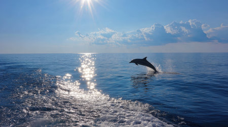 Single striped dolphin in a high leap, silhouetted against the horizon and clear azure seaの素材