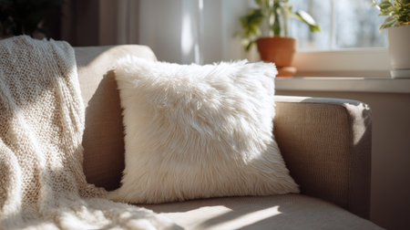 Soft, plush pillow resting on a cozy sofa in a well-lit living room, inviting comfort and relaxationの素材
