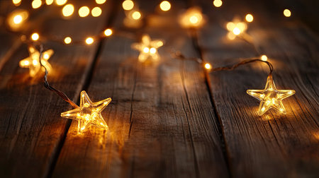 A stunning display of twinkling star lights resting on a rugged wooden surface, creating a warm and inviting atmosphere perfect for any festive celebration or cozy gathering.の素材