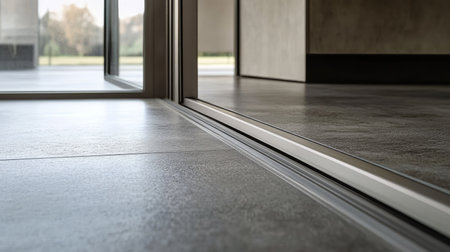 A close-up view of a modern interior space featuring sleek flooring and sliding glass doors that open to a serene outdoor area, enhancing natural light and elegance.の素材