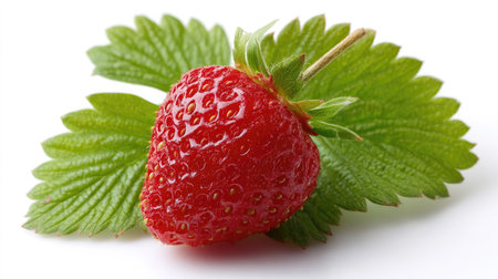 Single, plump strawberry with green leaves, isolated on white for a fresh and simple lookの素材