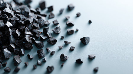Small black stone chips arranged randomly on soft gray background, stylized for product mockupsの素材