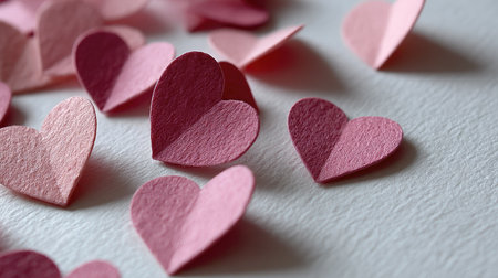 Soft pink paper hearts arranged in a random pattern on a white textured paper background, evoking romance and tendernessの素材