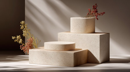 Smooth sandstone podium split into levels for product placement, minimalist warm beige tonesの素材