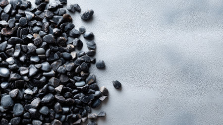 Small black stone chips arranged randomly on soft gray background, stylized for product mockupsの素材