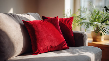 Soft, plush pillow resting on a cozy sofa in a well-lit living room, inviting comfort and relaxationの素材