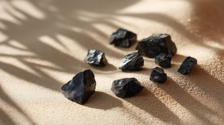 Small pieces of obsidian rock randomly placed on matte sand-colored ground with soft shadowsの素材