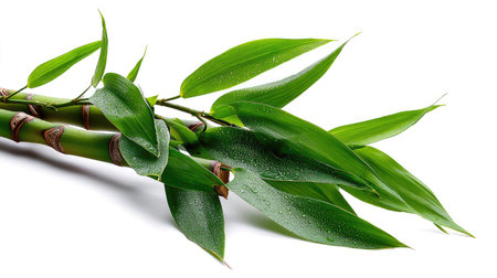 Single green bamboo stalk with leaves isolated on a white background, showcasing clean lines and natural textureの素材