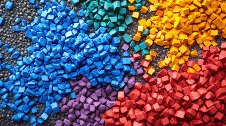 This vibrant image features a close-up view of colorful granules on a textured surface, showcasing an array of shades for artistic and creative applications.の素材