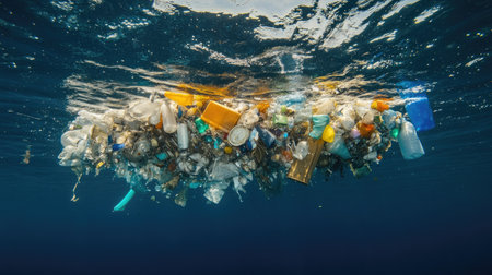 Image shows a large mass of plastic debris floating on the ocean's surface, highlighting the environmental threat facing marine life and the urgent need for conservation efforts.の素材