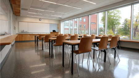Spacious classroom with modern furniture and clean lines, no students or teachersの素材