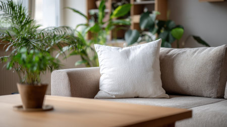 Simple soft pillow on a fabric sofa with a wooden coffee table and house plants in the backgroundの素材
