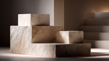 Smooth sandstone podium split into levels for product placement, minimalist warm beige tonesの素材