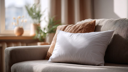Soft pillow placed on a couch in a neutral-toned living room, inviting rest and relaxation in a cozy settingの素材