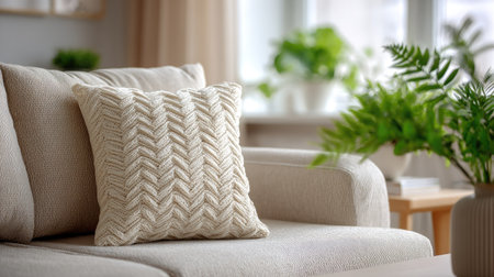 Soft beige pillow on a couch in an inviting living room, with a calm and neutral interior designの素材