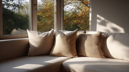 Soft fabric pillow on a corner sofa with large windows and natural light highlighting the peaceful living room atmosphereの素材