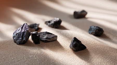 Small pieces of obsidian rock randomly placed on matte sand-colored ground with soft shadowsの素材