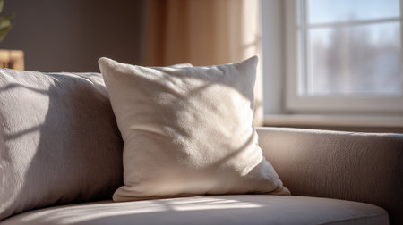 Soft, plush pillow resting on a cozy sofa in a well-lit living room, inviting comfort and relaxationの素材