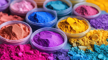 A collection of vibrant colored powders arranged in round containers, showcasing a wide range of hues perfect for various creative projects and artistic endeavors.の素材
