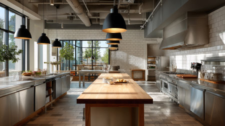 Stainless steel island table under pendant lights in a spacious commercial kitchen, ready for chefsの素材