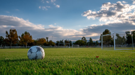 Soccer ball on the field with goalposts in the background, the green grass well-maintained and empty of playersの素材