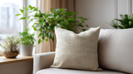 Soft beige pillow on a couch in an inviting living room, with a calm and neutral interior designの素材
