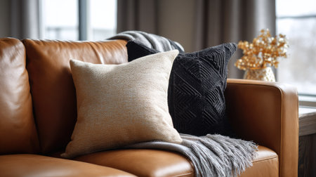 Soft, plush pillow on a leather sofa, surrounded by modern accents and a warm, welcoming ambianceの素材