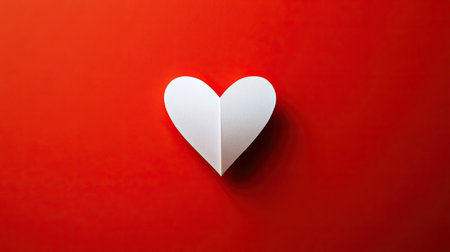 A striking image featuring a white paper heart cutout displayed against a vibrant red background. Perfect for themes of love, emotion, and minimalistic art.の素材