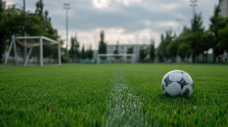 Soccer ball on the field with goalposts in the background, the green grass well-maintained and empty of playersの素材