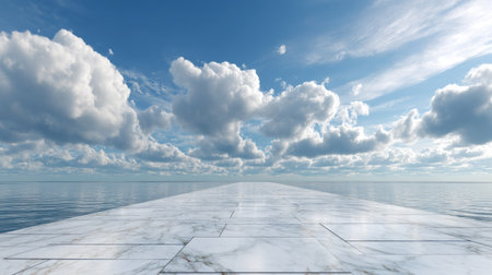 Smooth white marble floor extending toward the horizon, set against a peaceful sky filled with fluffy white cloudsの素材