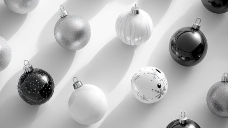 This artistic image showcases an array of black and white Christmas ornaments with unique designs, creating a minimalistic yet elegant atmosphere for holiday celebrations.の素材