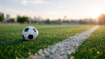 Soccer ball near the midfield line on an empty soccer field, bright green grass and clear sky in the backgroundの素材