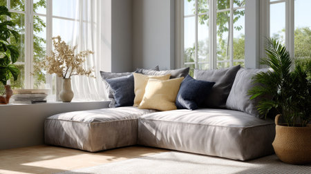 Soft fabric pillow on a corner sofa with large windows and natural light highlighting the peaceful living room atmosphereの素材