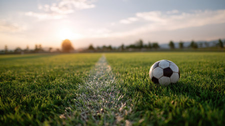 Soccer ball near the midfield line on an empty soccer field, bright green grass and clear sky in the backgroundの素材