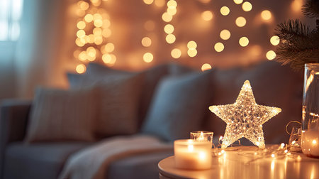 Enjoy the enchanting glow of a decorative star amidst soft lights and candles, setting a cozy and inviting atmosphere perfect for holiday gatherings.の素材
