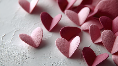 Soft pink paper hearts arranged in a random pattern on a white textured paper background, evoking romance and tendernessの素材