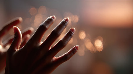 Soft-focus close-up of fingertips approaching, against a warm bokeh background, gentle and hopefulの素材